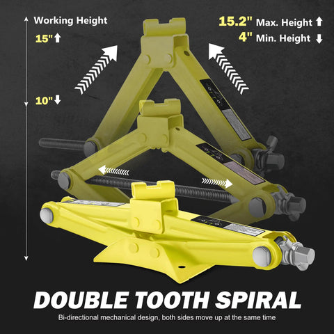 Heavy Duty 1.5 Ton Scissor Jack With Straight Talk Ratchet Design And No Sweat Grip showcasing height adjustments from 4 to 15 inches.