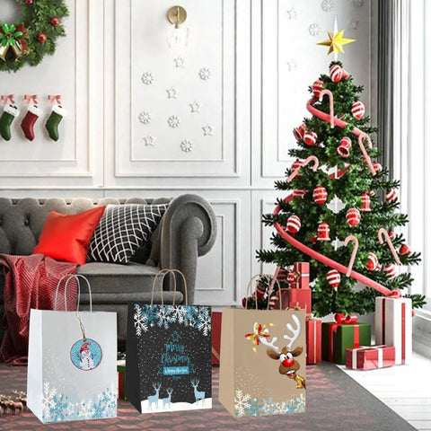 Christmas-themed room with decorated tree and three festive gift bags with snowflakes, Merry Christmas, and reindeer designs.