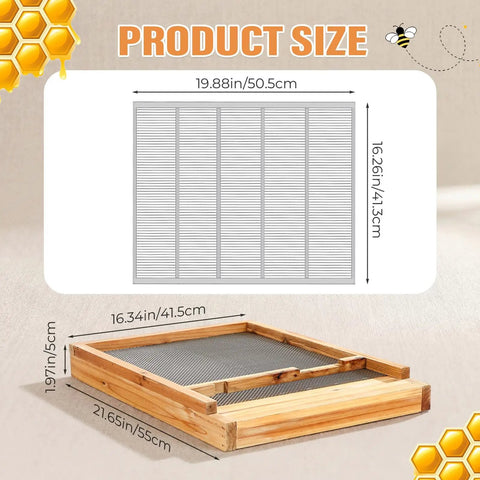 All In One Beehive Parts Kit For 10 Frame Hives With Screened Bottom Board, dimensions displayed, flat view.