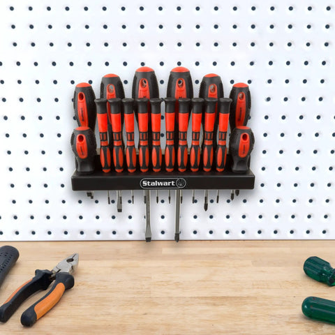 Everyday 18 Piece Screwdriver Set with Wall Mount and Magnetic Tips organized on pegboard for precision work.