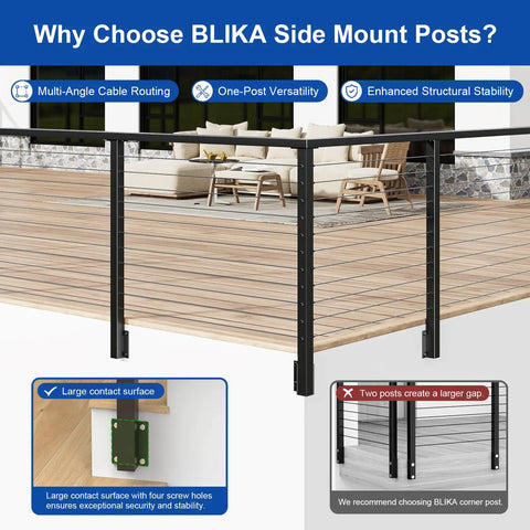 36 Inch Side Mount Cable Railing Post Kit With Fascia Deck Brackets Slick Black Swageless Stainless Steel Cable Rails side view with deck.