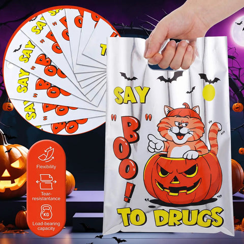 Say Boo To Drugs Halloween Reflective Gift Bags 150 Pack shown with cat in pumpkin design, hand holding a bag, spooky background.
