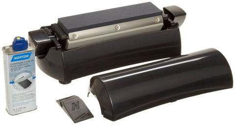 Knife Sharpener Oil Stone Kit With 100/240/600 Grit Stones, showing black stone holder, oil can, and angle guide.