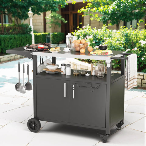Ultimate Outdoor Grill Cart With Storage And Wheels, Patio Kitchen Island Style BBQ Table With Cabinet in black on patio