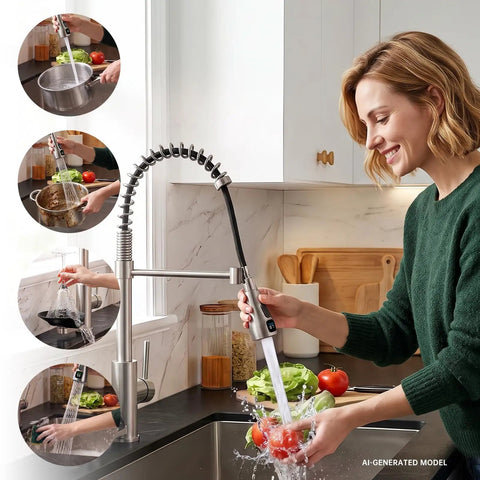 Kitchen Faucet with Glass Rinser & LED Temperature, Pull Down Sprayer in a modern kitchen, woman rinsing fresh vegetables.