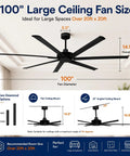Diagram of 100 Inch Black Industrial Ceiling Fan No Light With Remote Control showing dimensions and installation options.