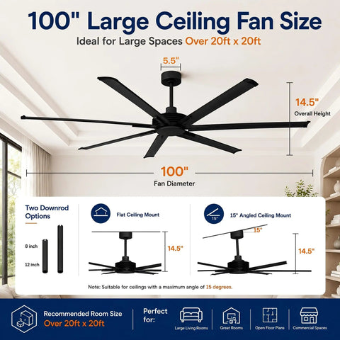 Diagram of 100 Inch Black Industrial Ceiling Fan No Light With Remote Control showing dimensions and installation options.