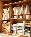 Xlarge Stackable Storage Bins 2 Pack Clear Crystal PET Baskets for Max Vertical Closet Space seen in stylish closet organization.