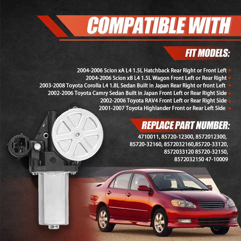 Toyota Power Window Lift Motor Front Left Driver Side For Camry 2002-2006 Highlander 2001-2007 RAV4 2001-2005 Scion Xa 2004-2006 Replace 85720-12300 85720-32160 4710011, compatible fit list
