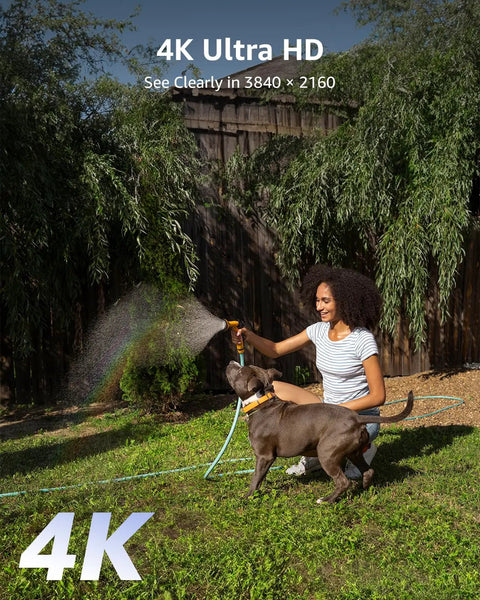Woman watering garden with dog, showcasing 4K Ultra HD clarity, related to 4K 16 Channel Home Security System With Outdoor Weatherproof Cameras