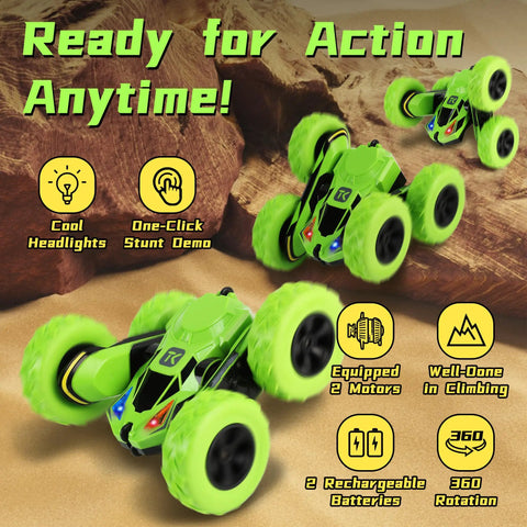 4WD Remote Control Car With 360 Degree Flips, Dual Sided Driving, Durable Stunt RC Vehicle With Breathing Soft Lights on rocks