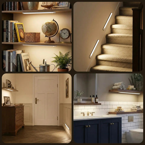 Wireless 126 LED Under Cabinet Lights With Motion Sensor Rechargeable 2500mAh Dimmable Magnetic installed on stairs and shelves