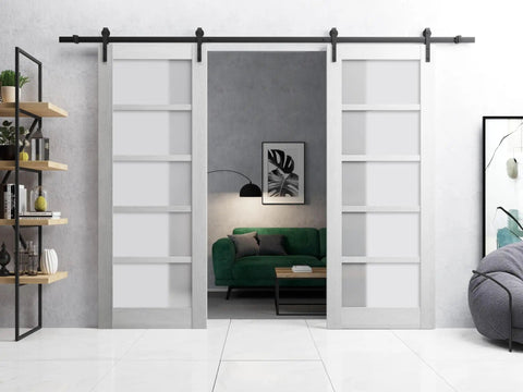 Double Barn Door Kit With Frosted Glass And Black Rail 84 By 96 Inch Interior Sliding Door Set Two 42x96 Panels in a living room