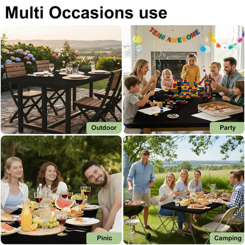 Elastic Fitted Flannel Backed Vinyl Tablecloth For 6ft Folding Tables, Waterproof Wipeable Cover For Indoor Outdoor Use, Windproof And Non Slip, Go To Picnic And Camping Table Cover, Black 30x72 used in various settings.