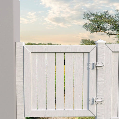 Vinyl gate with self-closing gate hinges pack of 2 for vinyl, wood, and metal fences heavy duty steel hardware weatherproof visible