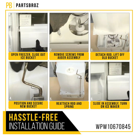 Installation guide for Ice Bucket Replacement Assembly For Freezer Tray Compatible With Whirlpool Kenmore Amana KitchenAid Maytag Ice Maker Ice Cube Container W10670845