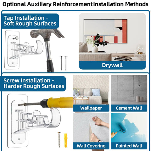 No Drill Adhesive Double Curtain Rod Brackets Set Of 4 Renter Friendly showing tap and screw installation options on wall types.