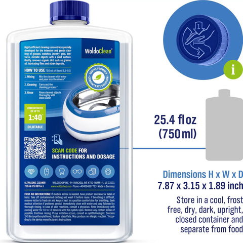 Heavy Duty Ultrasonic Cleaner Concentrate That Makes Eight Gallons For Glasses Retainers Dentures Aligners Razors And Firearm Parts Doing A Beast Mode Job On Stubborn Grime With Zero Hassle 750ml bottle with instructions and dosage guidance.