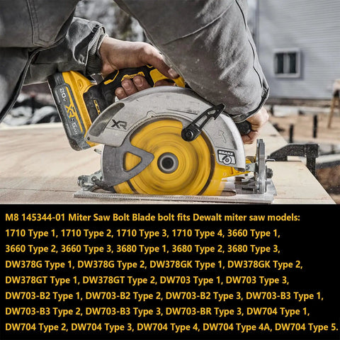 Clamp Bolt Set For Miter Saw Left Hand Thread M8 Replacement attached to Dewalt miter saw in use on wooden surface