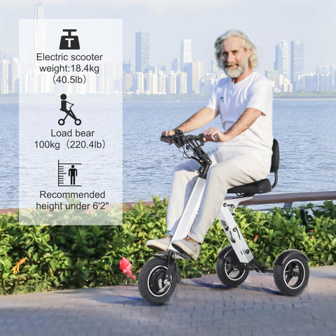Three Wheel Foldable Electric Trike With Backrest For Adults, Lightweight 36V 7.8Ah Removable Battery, Reverse Function, Key Switch, Ideal For Commute And Travel. Adult man riding white foldable three-wheel electric trike with backrest outdoors