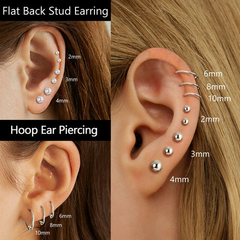 Hypoallergenic Surgical Steel Cartilage Earrings Set For Women With Flat Back Design Includes 12 Tiny Ball Studs And 6 Hoop Pairs CZ Studs Ideal Multi Piercing Jewelry For Helix Tragus First Second And Third Holes. 2mm, 3mm, 4mm studs and 6mm, 8mm, 10mm hoops