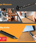Person using Compact DIY Tool Set For Home Improvement With Stackable Handy Tool Kit Including Adjustable Wrench, Screwdrivers, Hammer, Pliers, Tape Measure, Gift Ready Package For Home Maintenance And Quick Fixes, showing tape measure and utility knife in use.
