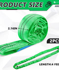Two Pack Green Polyester Round Slings For Hoist And Towing, showcasing 4 ft straps with 2.16 in width.