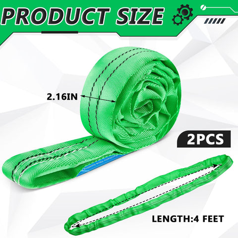 Two Pack Green Polyester Round Slings For Hoist And Towing, showcasing 4 ft straps with 2.16 in width.