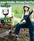 Gardener using 46 Inch Long Heavy Duty Garden Fork With 35 Inch Metal Handle And 4 Tine Carbon Steel Head in soil.