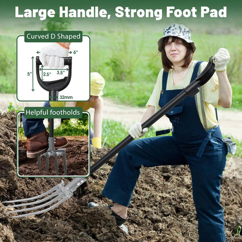 Gardener using 46 Inch Long Heavy Duty Garden Fork With 35 Inch Metal Handle And 4 Tine Carbon Steel Head in soil.