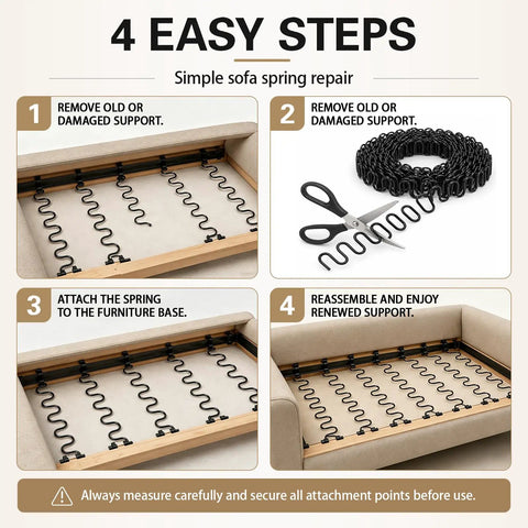 4 steps for using Heavy Duty 45 Foot Zig Zag Upholstery Springs For Couches in sofa seat base repair, showing assembly process.