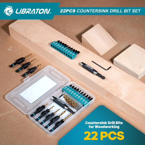 22 Piece Countersink Drill Bit Set For Woodworking With Magnetic Holder And Storage Box Sizes 4 6 8 10 12 on display