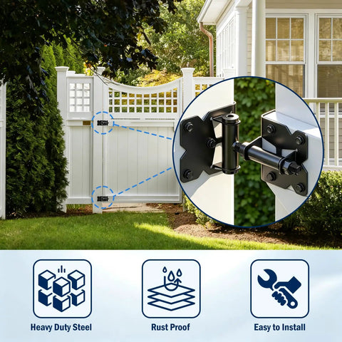 Heavy Duty Self-Closing Gate Hinges For Wooden And PVC Fences, Adjustable Spring Tension, Self-Closing Gate Hardware Kit, Black Finish, 2-Pack For Garden Gates And Fences on white vinyl gate