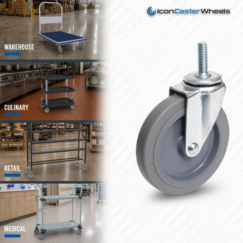Five Inch Non Marking Rubber Caster Wheels Four Pack With Standard Threading Stem showcasing a grey caster wheel for easy gliding.