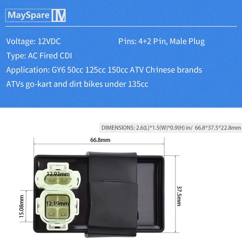 6 Pin AC CDI Box For GY6 50cc 125cc 150cc Engines Fits ATVs Scooters Go Karts Taotao Roketa Sunl Lance Moped No Rev Limiter Plug And Play Compact CDI Module For Small Space with dimensions and pin details.