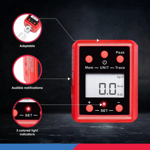 Three Quarter Inch Digital Torque Adapter Turns Any Ratchet Into A Pro Grade Torque Wrench With Audible Alert, 150 To 750 Foot Pounds Range, Calibrates Digital And Analog Wrenches, SAE And Metric, Bi Directional