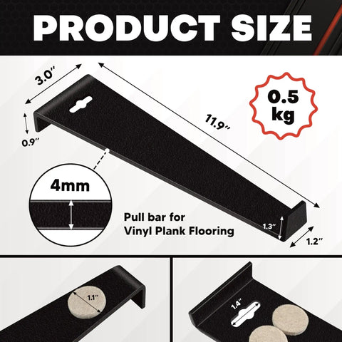Heavy Duty 12.2 Inch Pull Bar for Vinyl Plank and Laminate Flooring Installations Black Steel Tool With Matte Coating 4mm Thick Soft Back Padding to Protect Floors, size diagram
