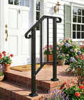 Tough As Nails 2 Step Handrails For Outdoor Porches Heavy Duty Wrought Iron Safety Railing on brick porch with flowers.