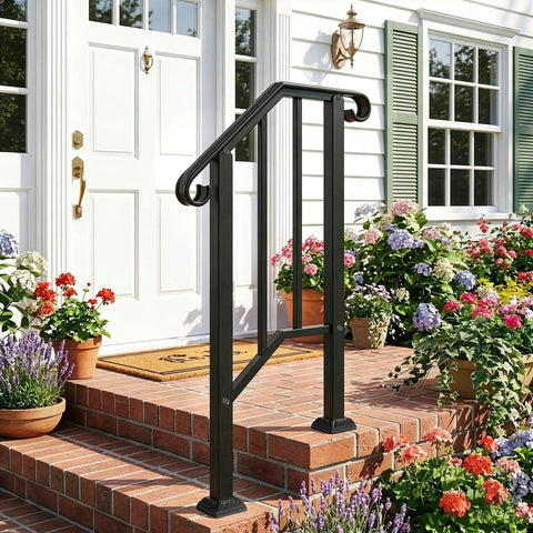 Tough As Nails 2 Step Handrails For Outdoor Porches Heavy Duty Wrought Iron Safety Railing on brick porch with flowers.