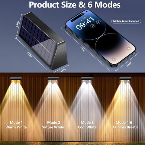 Outdoor Solar Fence Lights With Six Modes 2700K 4500K 6500K IP65 All Weather Waterproof Wall Light 250 Lumens size chart