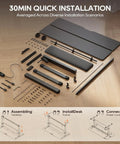 MALOL 56 Inch Electric Standing Desk With Adjustable Footrest Black assembly parts laid out for quick installation guide on wooden floor.