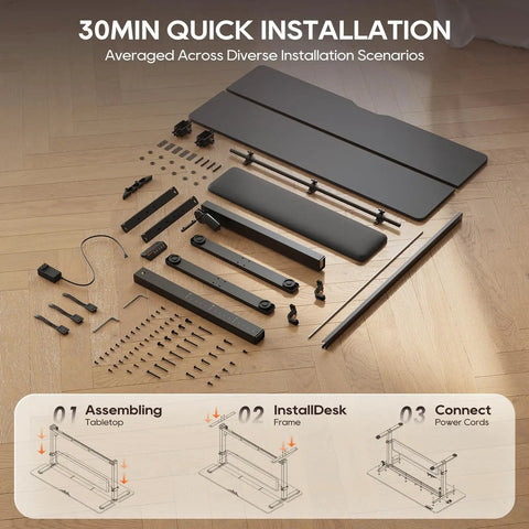 MALOL 56 Inch Electric Standing Desk With Adjustable Footrest Black assembly parts laid out for quick installation guide on wooden floor.
