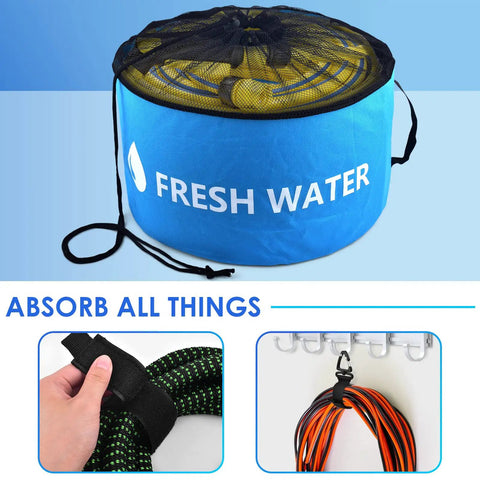 Waterproof RV Hose Storage Bags Set Of 4, heavy duty camper organizer in blue for fresh water hoses, shown with straps and cords.