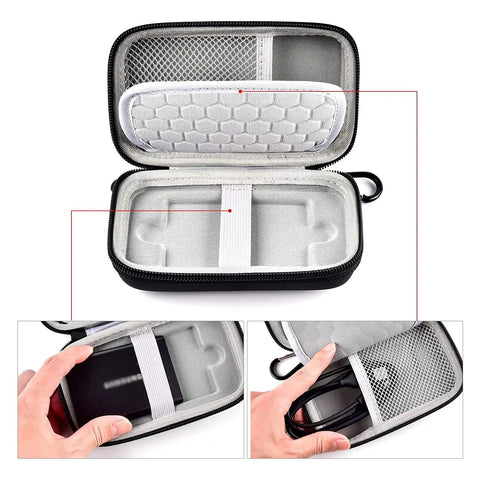 Interior view of Durable Grab And Go Carrying Case For T7 And T7 Touch Portable SSD 500GB 1TB 2TB USB 3.2 External Solid State Drive Travel Organizer Fits Cables And Accessories Black with elastic strap and mesh pocket