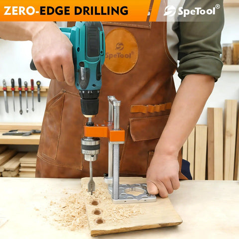 Auto Line Portable Drill Guide For Straight Holes Half Inch Keyed Chuck Hand Drill Press Adapter in use on wood board