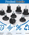 Heavy Duty Low Profile Bell Glides For Office Chairs Featuring Smooth Rolling Nylon Casters And Tight Metal Insert Base In Sleek Black, set of eight.
