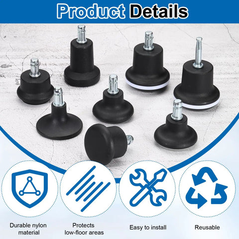 Heavy Duty Low Profile Bell Glides For Office Chairs Featuring Smooth Rolling Nylon Casters And Tight Metal Insert Base In Sleek Black, set of eight.