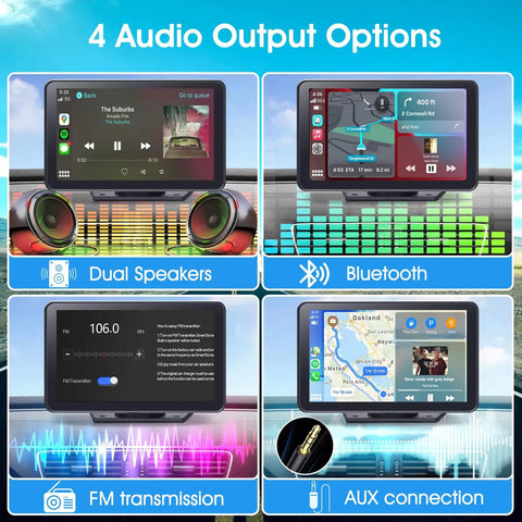 7 Inch HD Wireless CarPlay Screen For Cars With Android Auto featuring four audio output options including speakers, Bluetooth, FM, AUX.
