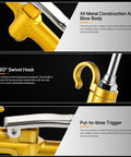 Powerful High Flow Industrial Air Blow Gun With Rubber Guard and Wide Air Nozzle, featuring durable metal construction and 360° swivel hook.