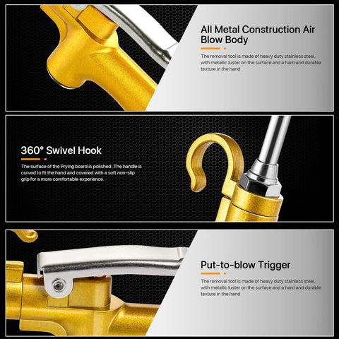 Powerful High Flow Industrial Air Blow Gun With Rubber Guard and Wide Air Nozzle, featuring durable metal construction and 360° swivel hook.